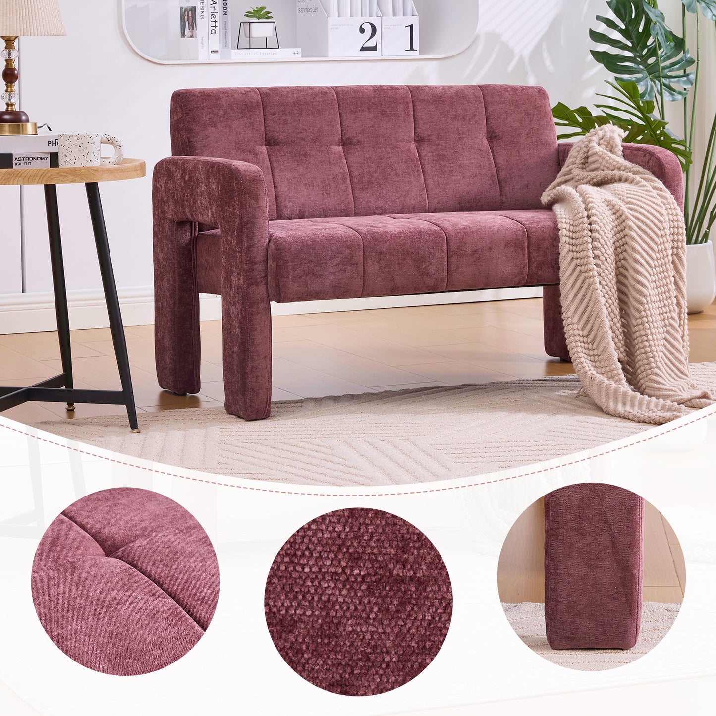 Nordic Modern Double Armchair - Compact Upholstered Sofa in Wine Red