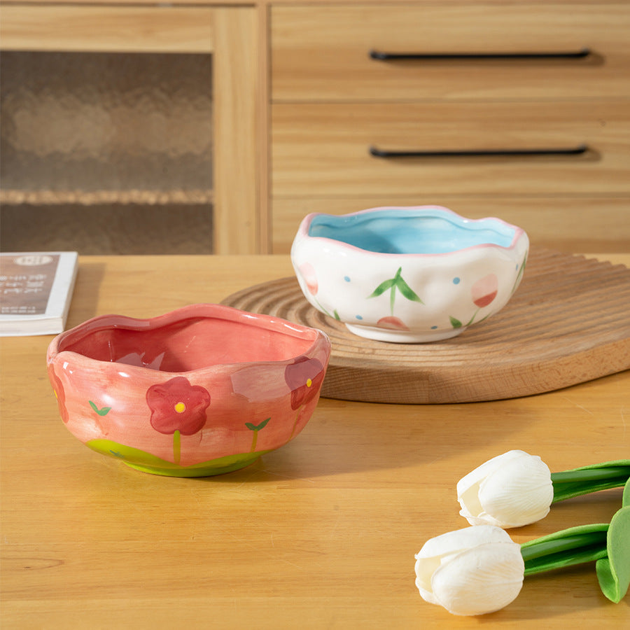 Hand Drawn Flower Ceramic Bowl - Irregular Pattern, 13cm Dinnerware