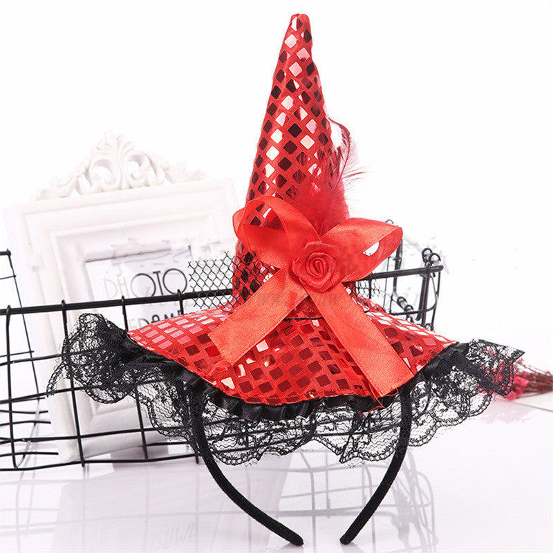 Masquerade Witch Hat Headband with Sequins & Lace