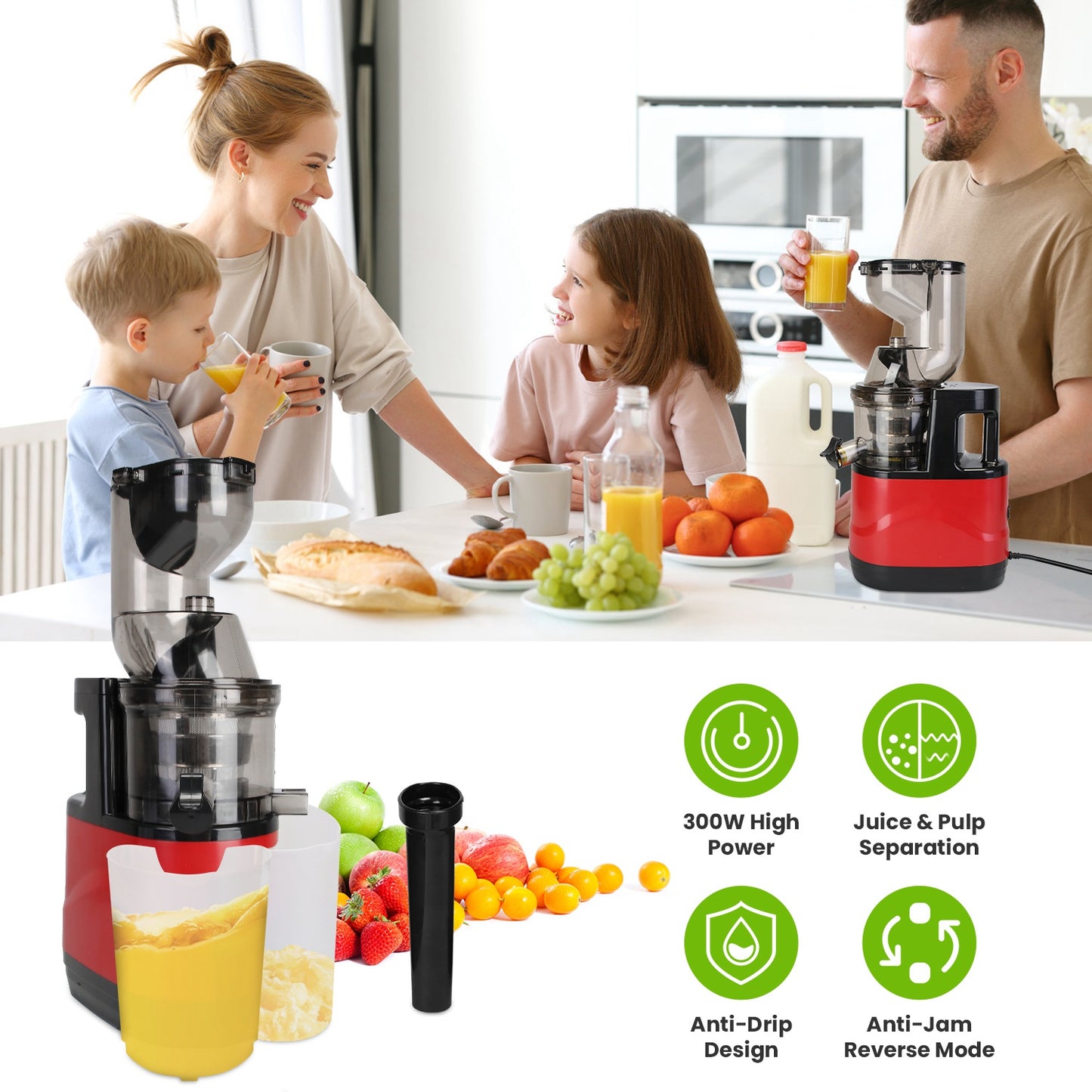 Cold Press Juicer Machine 300W Slow Masticating Juicer with Reverse Function - Red