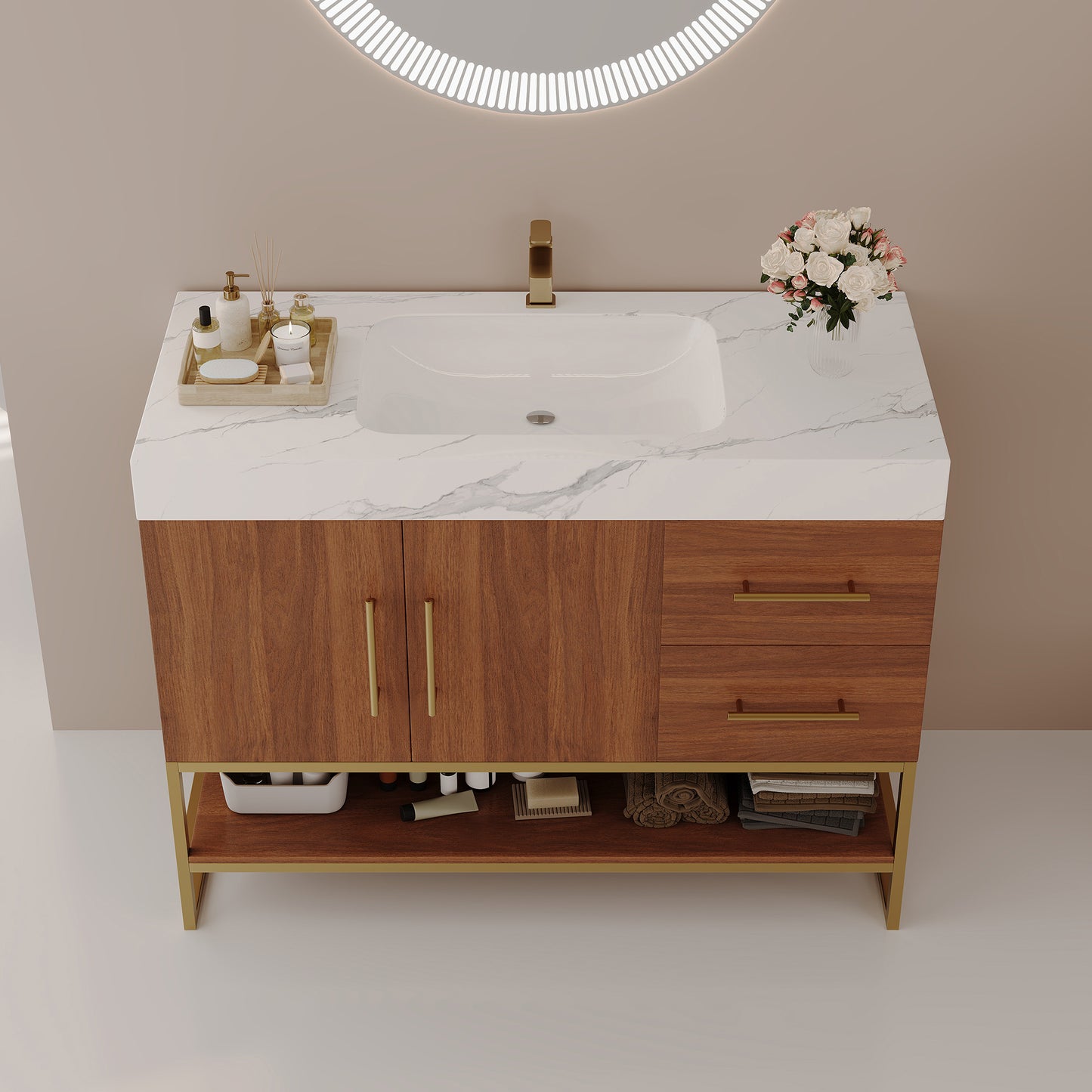 36" Modern Free-Standing Bathroom Vanity with Seamless Sink - Gold, Walnut, White