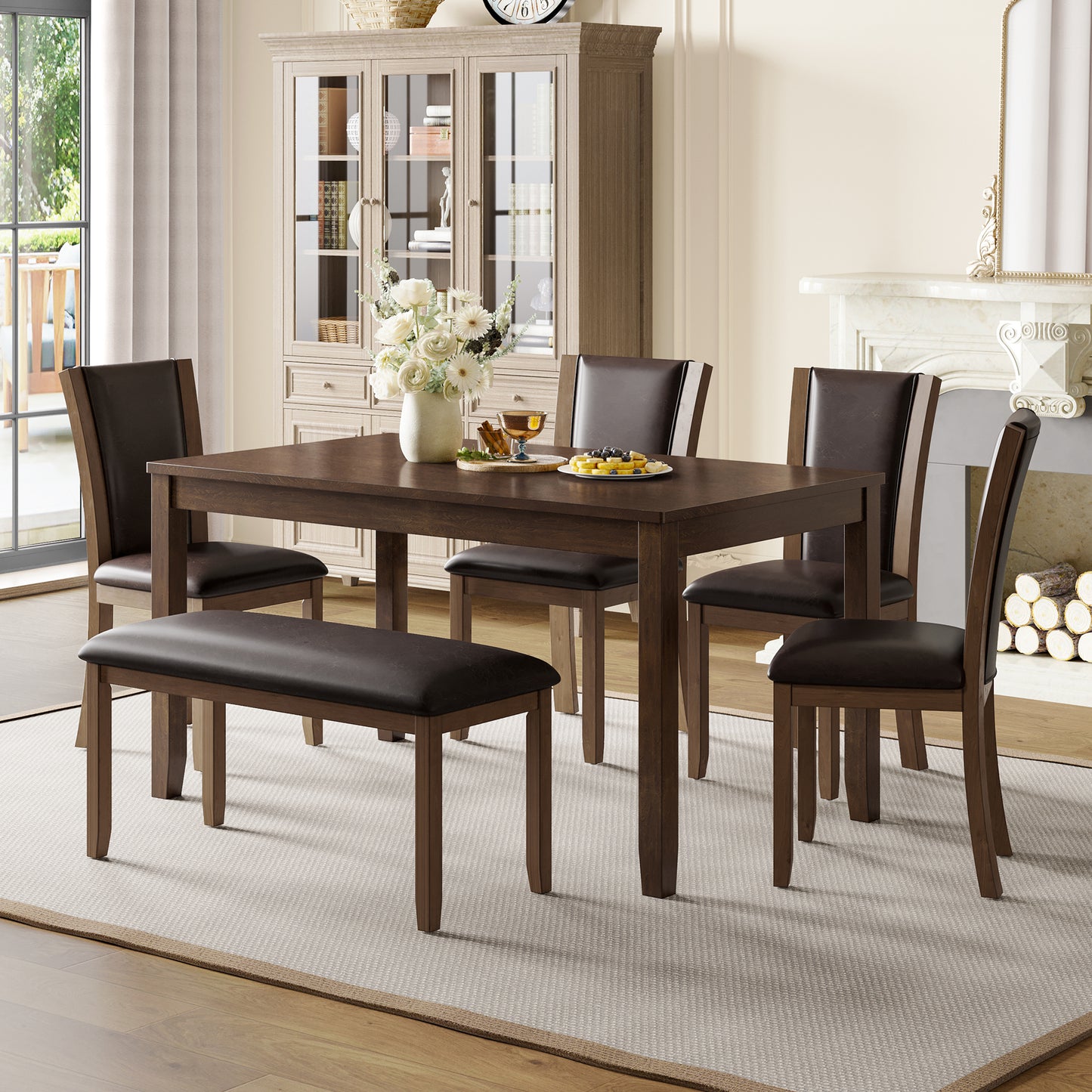 6-Piece Farmhouse Dining Table Set with Bench & Chairs - Dark Walnut