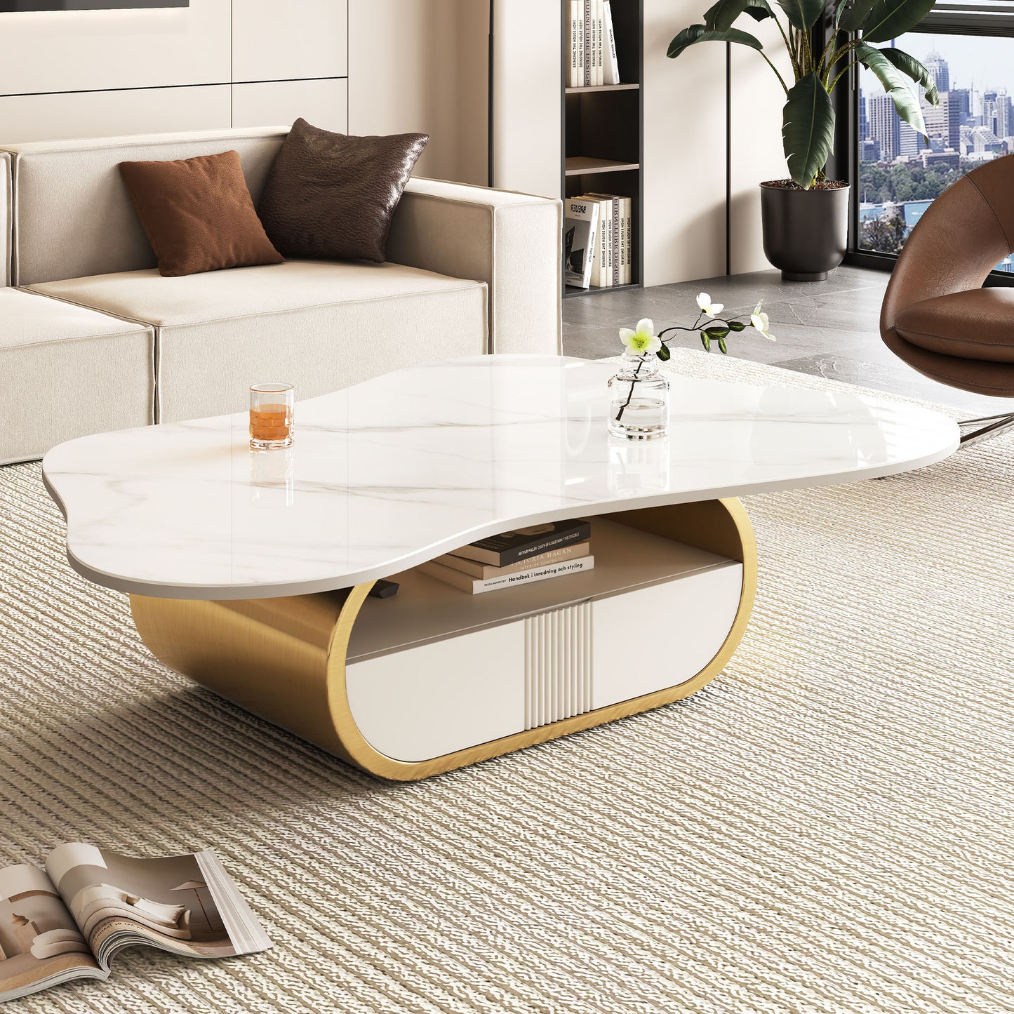 Modern Butterfly Coffee Table with Sintered Stone Top - Gold & White