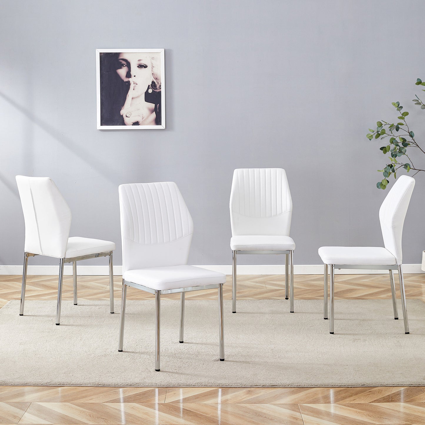 Set of 4 White PU Dining Chairs with Metal Silver Legs