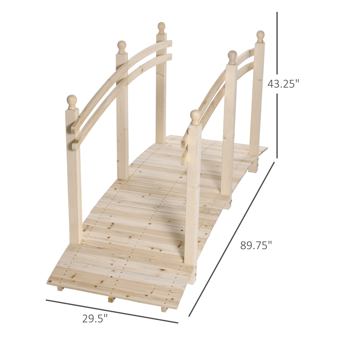 Wooden Garden Bridge with Safety Rails - 7.5 ft Natural Fir Wood for Ponds and Walkways
