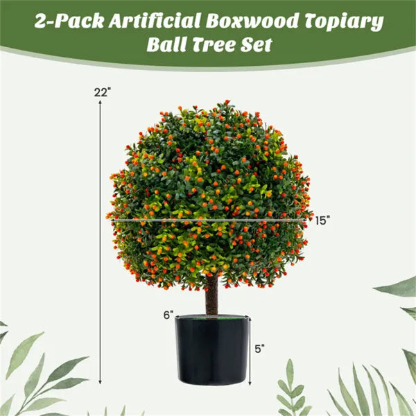 22" Artificial Topiary Ball Tree Set - 2-Pack with Orange Fruits