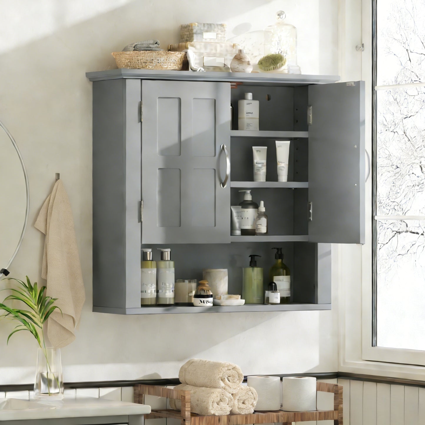 Wall-Mounted Bathroom Storage Cabinet with Adjustable Shelves - Gray