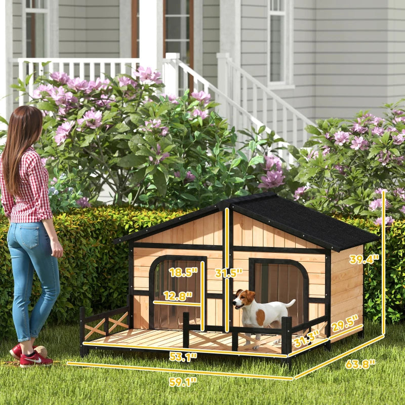 Outdoor Wooden Dog House with Porch & Weatherproof Roof - Small to Medium Dogs