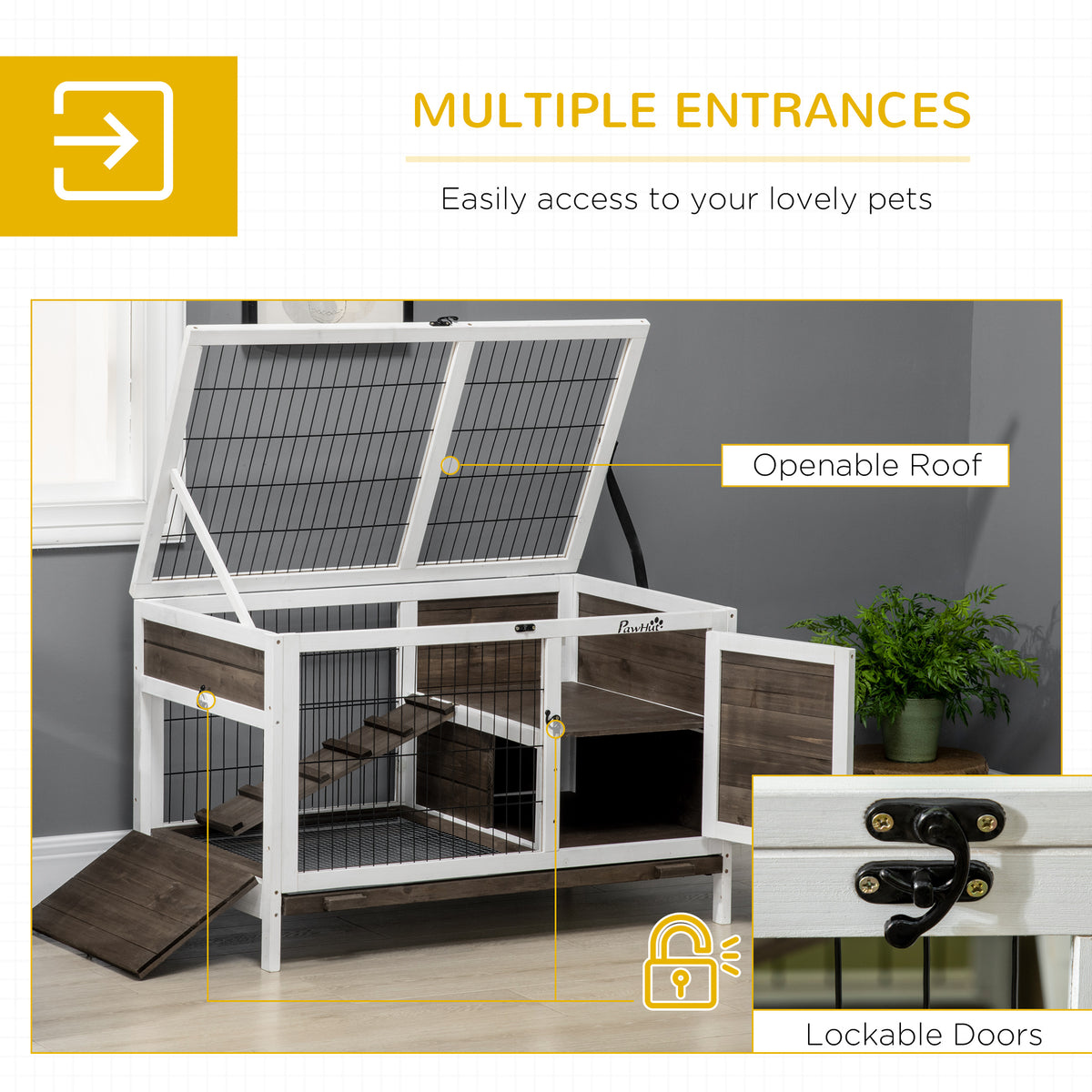 Wood Rabbit Hutch with Run - Elevated Pet Cage in Coffee Finish
