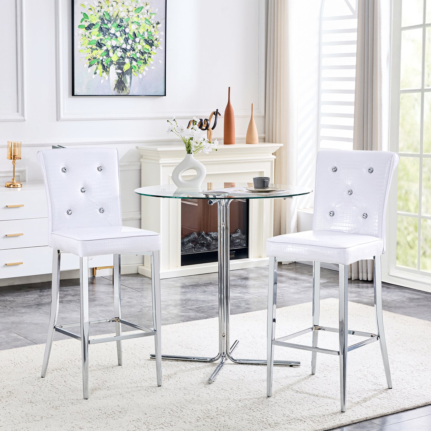 A Set Of 2 White Vintage Crocodile Leather Bar Chairs, Featuring