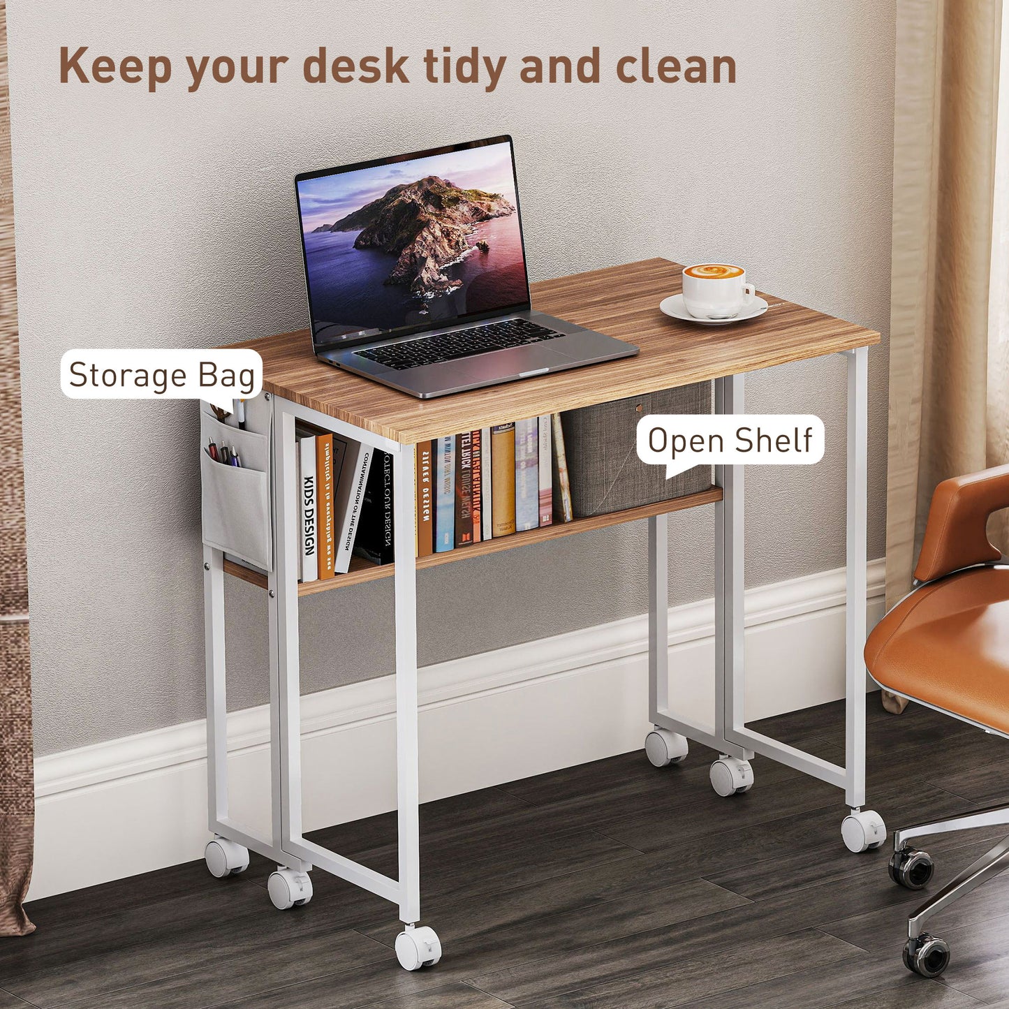 Foldable Computer Desk with Storage and Wheels - Natural Wood