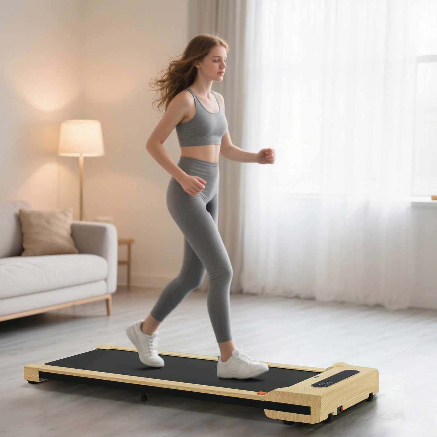 Under Desk Treadmill with Remote Control and LED Display - Natural Wood