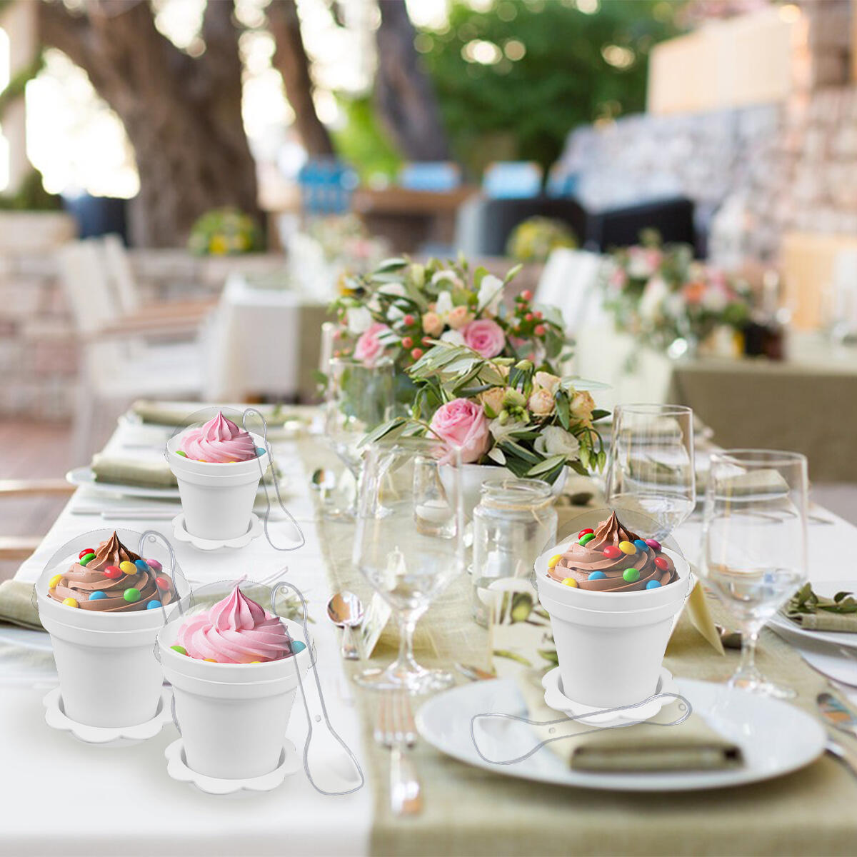 40 Pcs White Flowerpot Dessert Cups with Lids & Spoons