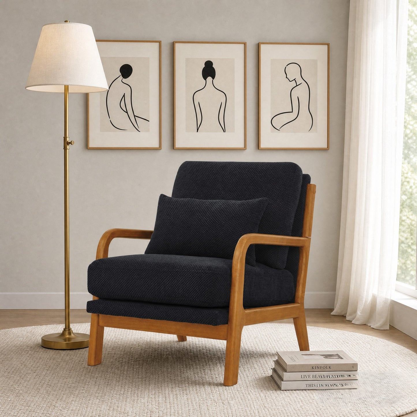 Mid-Century Modern Wooden Lounge Chair - Black Fabric