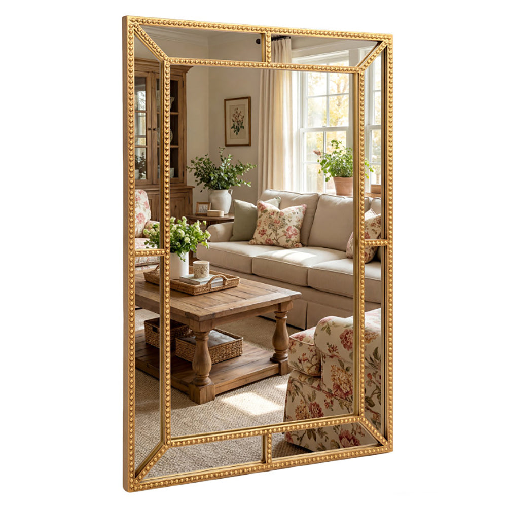 Gold Beaded Wall Mirror - 36" x 24" Decorative Metal Frame for Home Decor