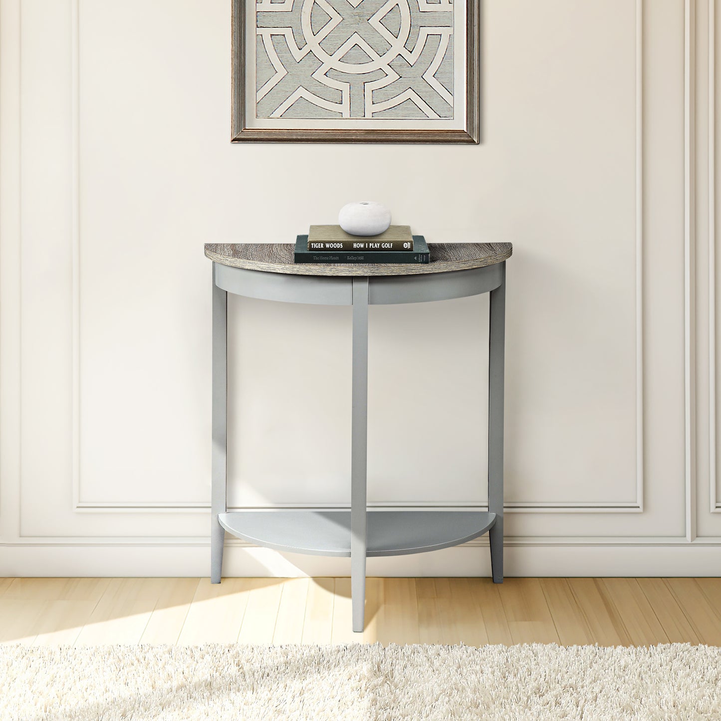 Justino Gray Oak Console Table - Elegant Half-Moon Design