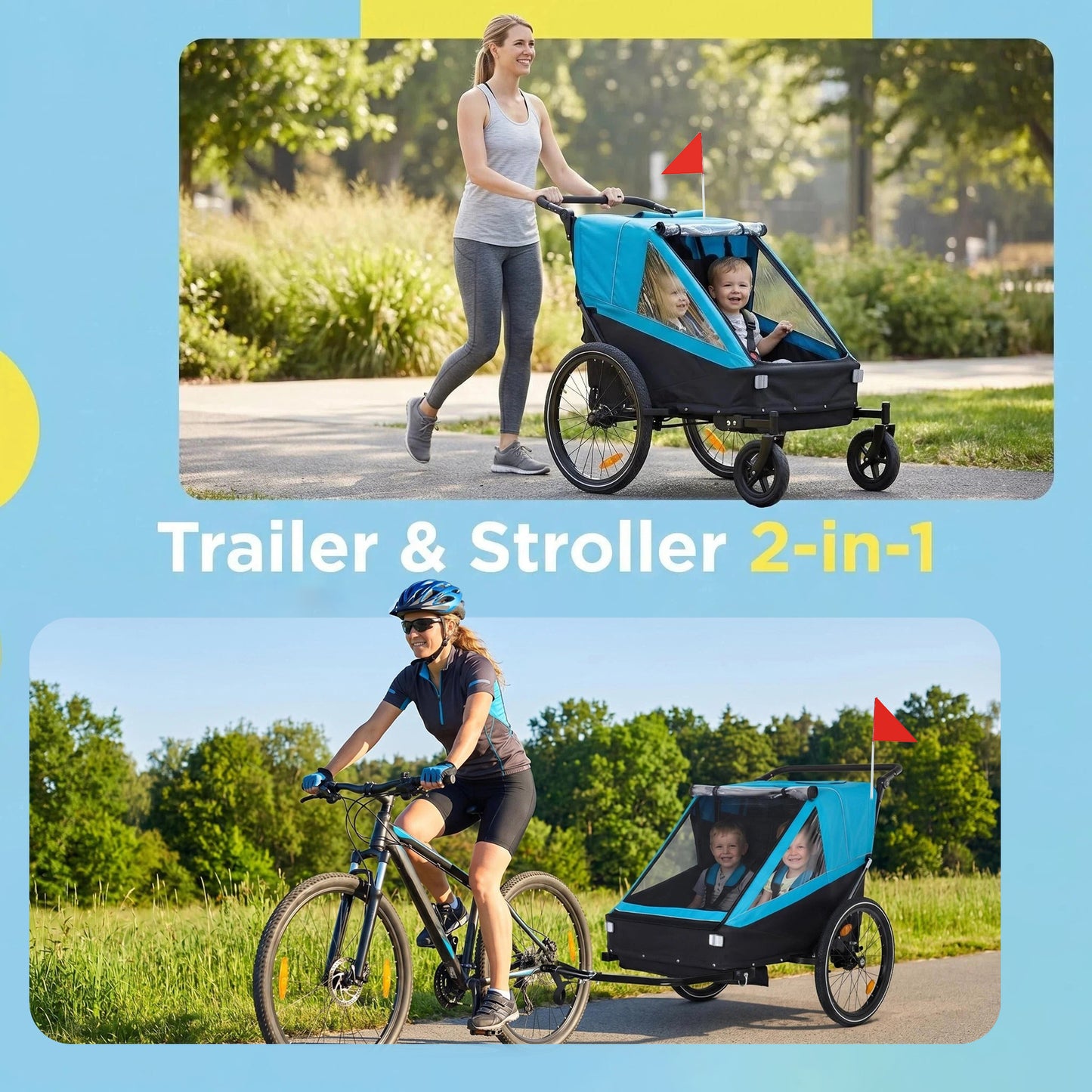 2 In 1 Kids Bike Trailer And Stroller For To Children, Jogging