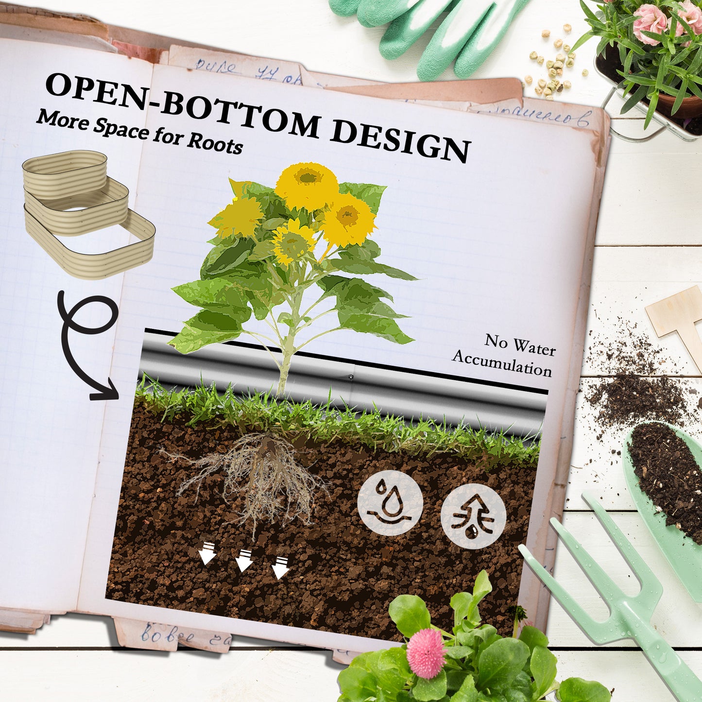 3-Tier Raised Garden Bed Set with Open Bottom, Cream White, 62.25 x 43 inches