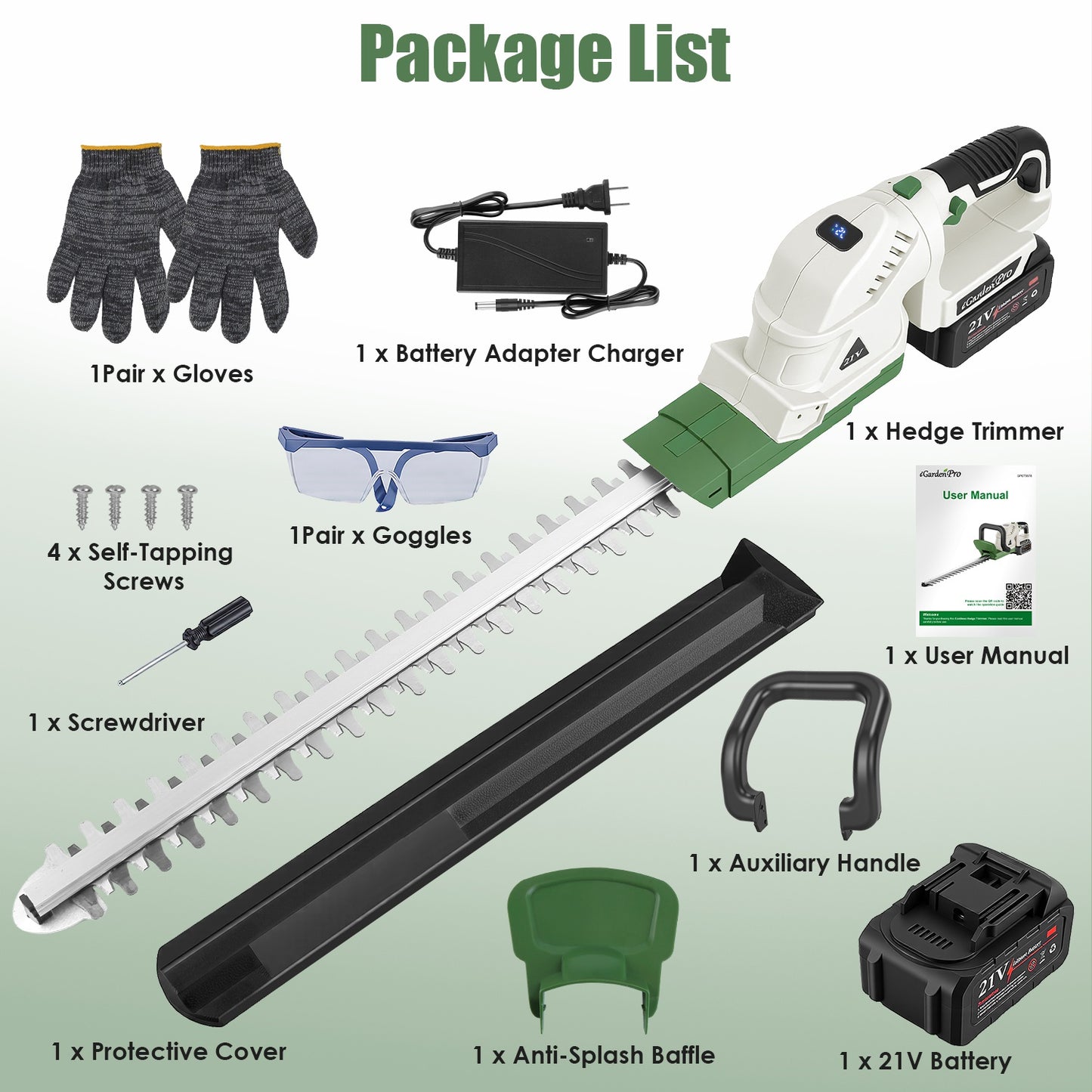 Cordless Hedge Trimmer 21V with Dual Action Blades & Adjustable Handle
