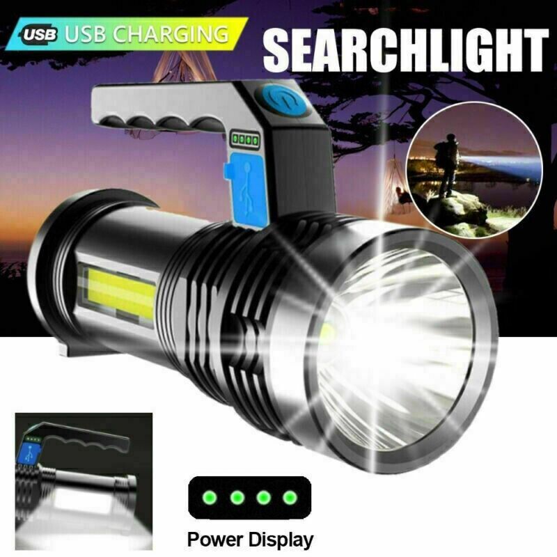 Rechargeable LED Flashlight USB COB Spotlight Waterproof Camping Lamp - Black
