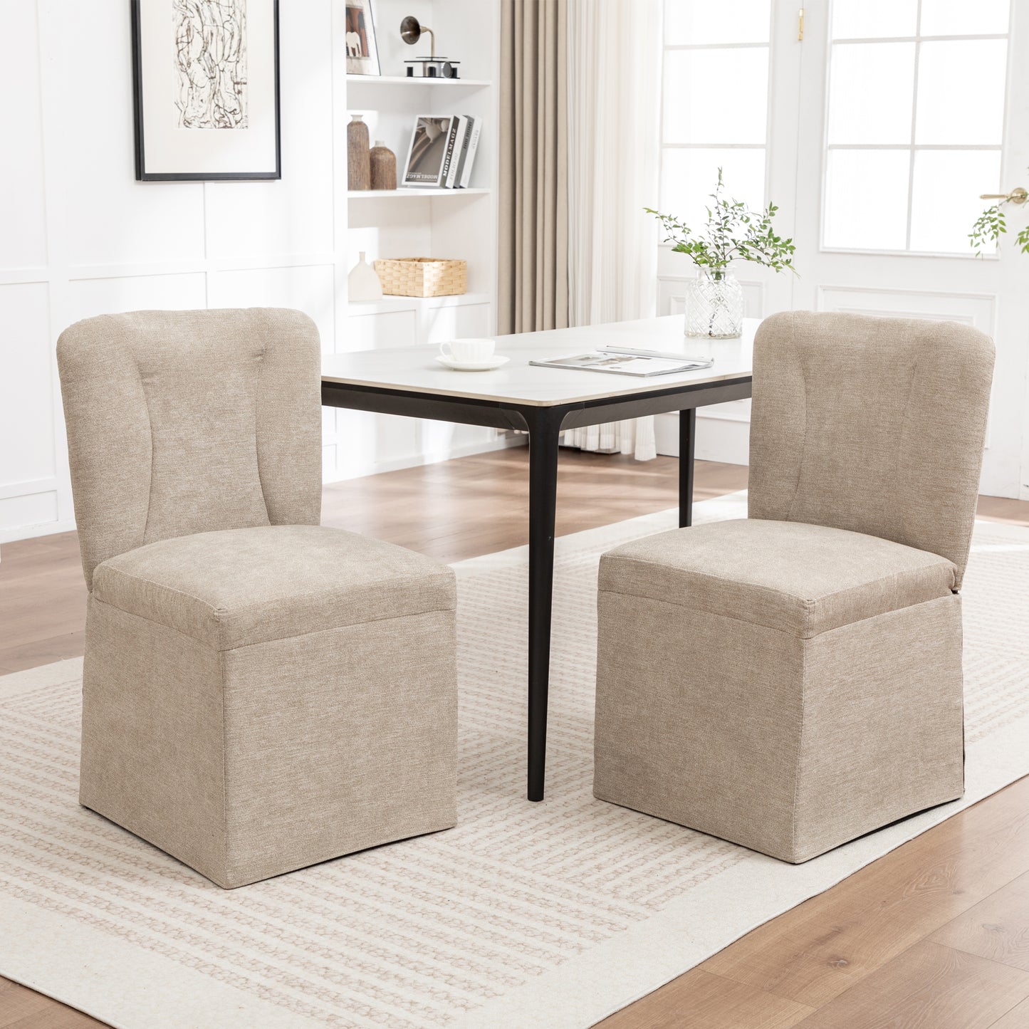 Modern Linen Dining Chairs with Padded Seat - Set of 2 (Brown)