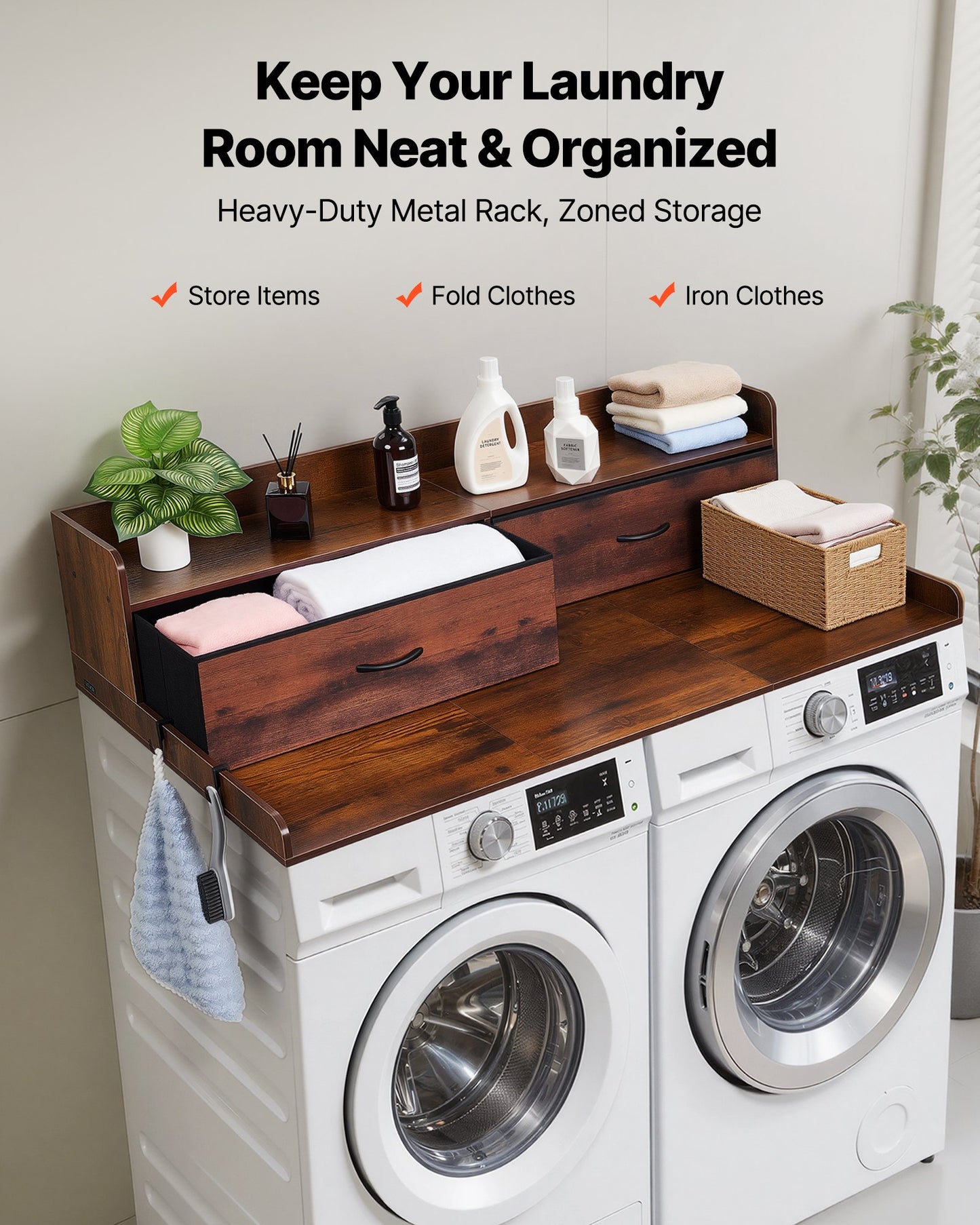 Washer Dryer Countertop with Shelf and Drawers - Laundry Organization Stand