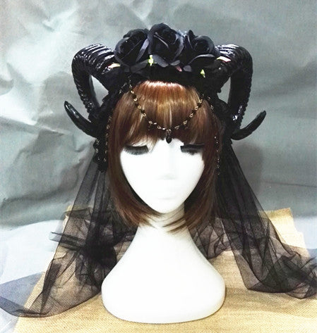Halloween Vampire Headband with Roses and Horn Veil - Festive Hair Accessory