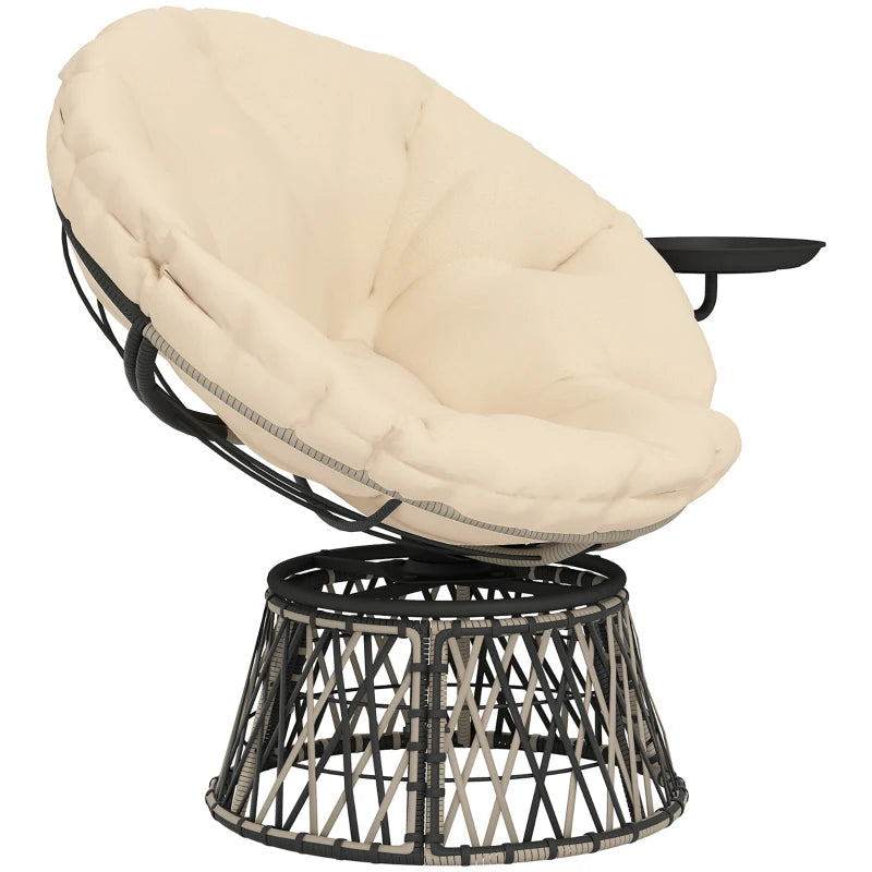 Swivel Papasan Chair - Outdoor Seating with Side Tray - Beige & Dark Gray