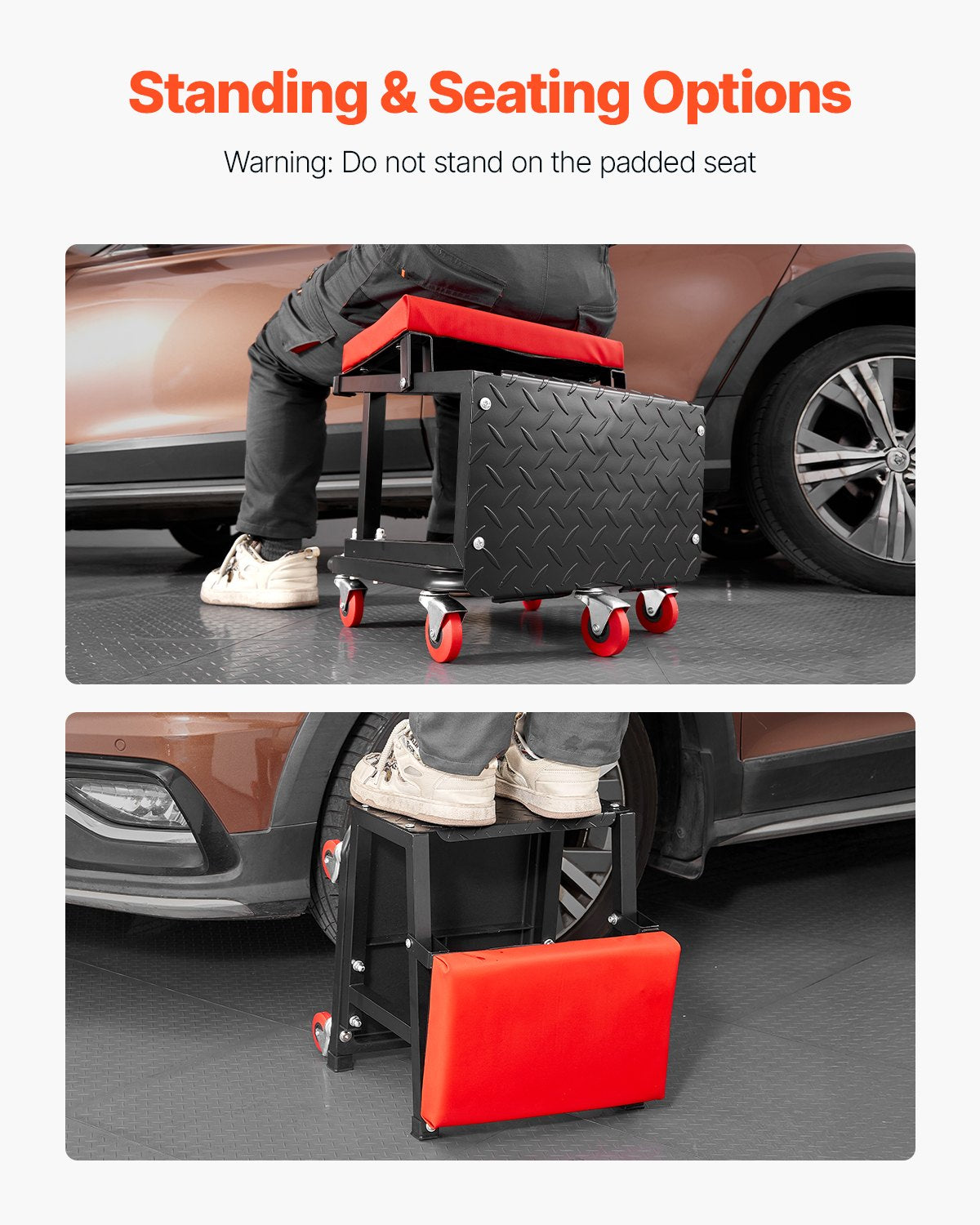 Heavy-Duty Rolling Work Seat & Step Stool - 300 Lb Capacity, Black