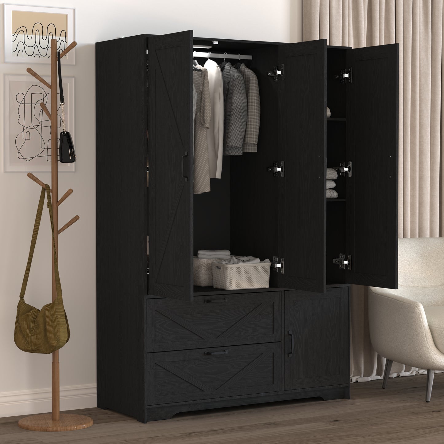 Black 4-Door Wardrobe Closet with Mirror & LED Lighting