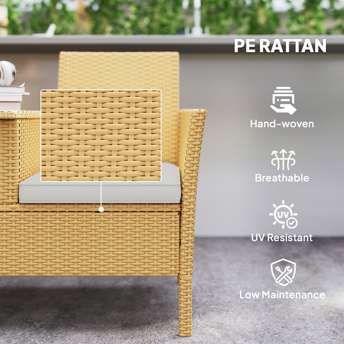 Patio Wicker Loveseat with Flip-Top Table & Cushions - Khaki