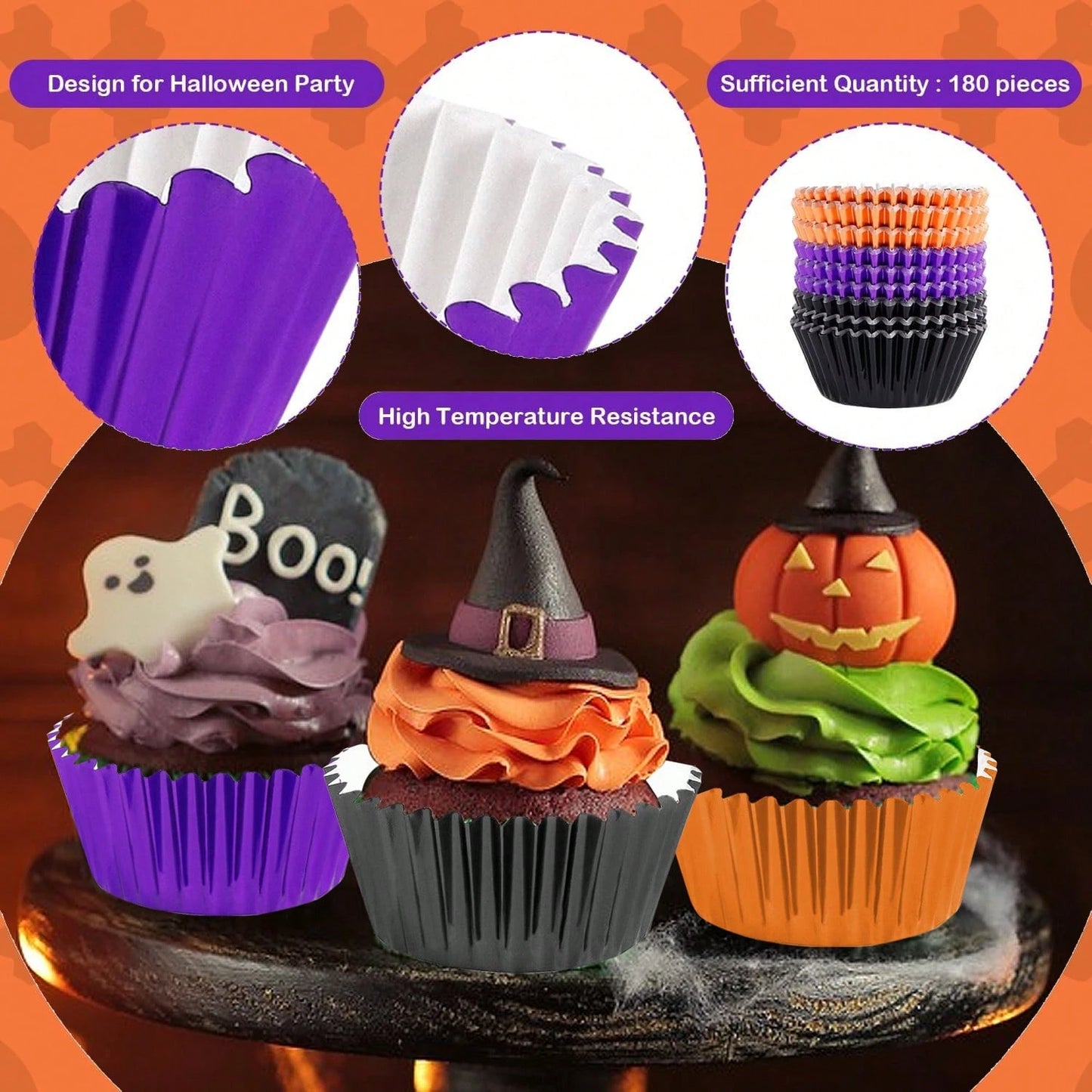 300 Pcs Halloween Foil Cupcake Liners - Black, Purple & Orange