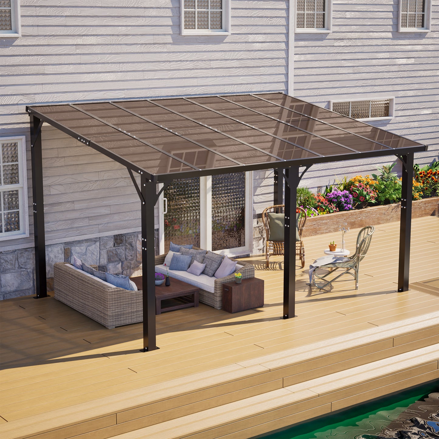 14x10 FT Hardtop Gazebo with Polycarbonate Roof - Brown