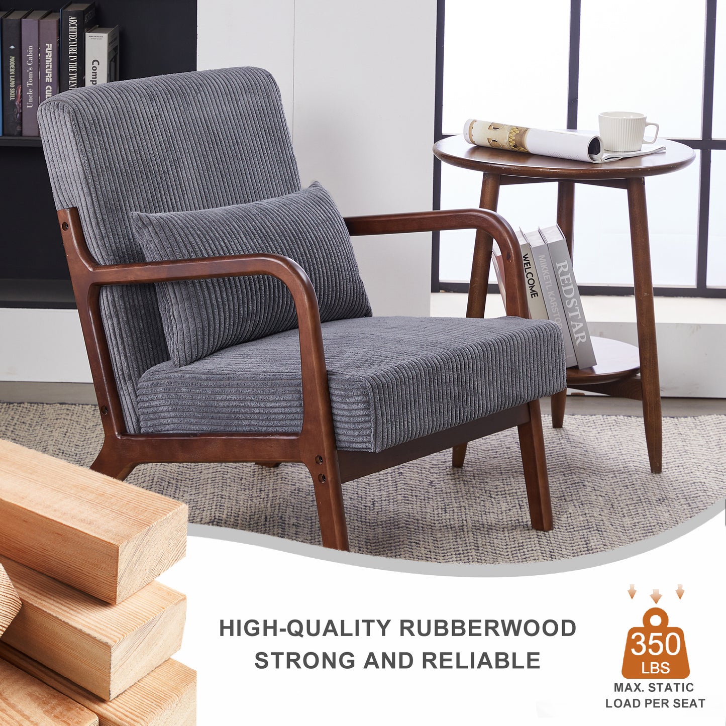 Mid-Century Modern Accent Chair - Antique Dark Grey Upholstered Armchair
