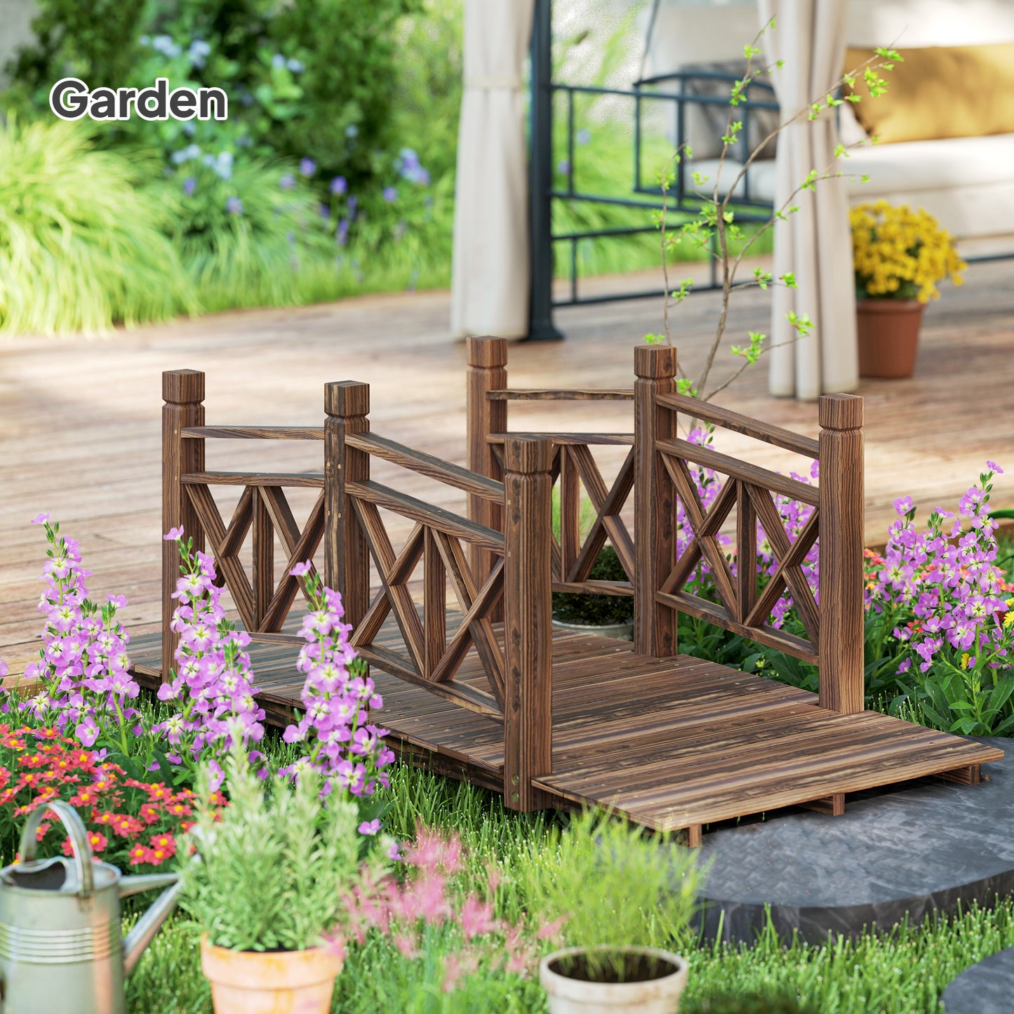 5 ft Wooden Garden Bridge for Ponds and Streams - Rustic Outdoor Footbridge