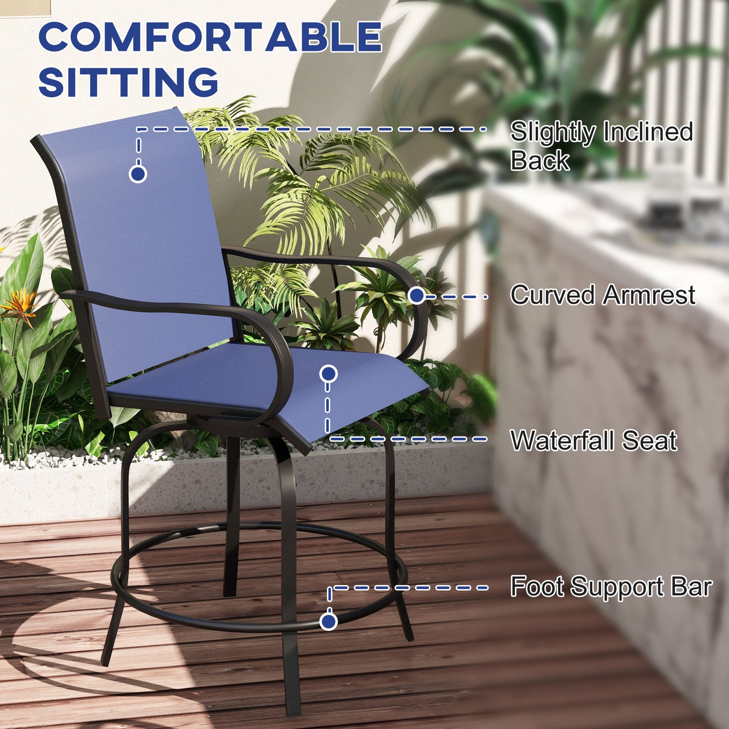 Outdoor Bar Stool Set of 2 - 360° Swivel Navy Blue Chairs