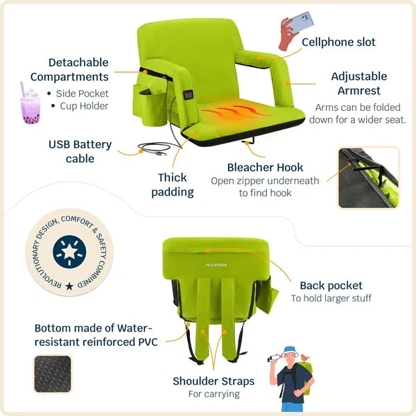 Heated Reclining Stadium Seat with Back Support - Lime 21" Wide