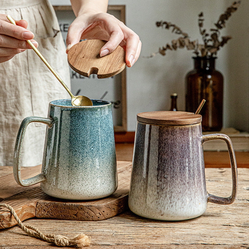 Large Ceramic Mug with Cover and Spoon - Art Kiln Baked 700ml Drinkware