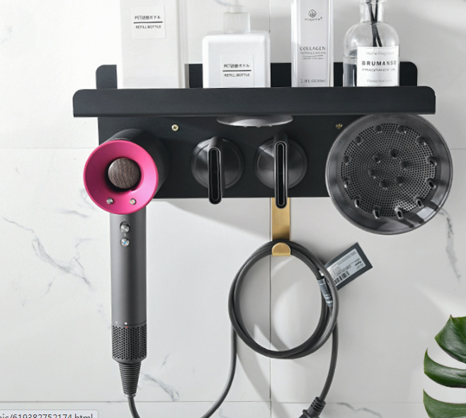 Punch-Free Wall Hair Dryer Rack - Double Wall Storage Shelf for Bathroom