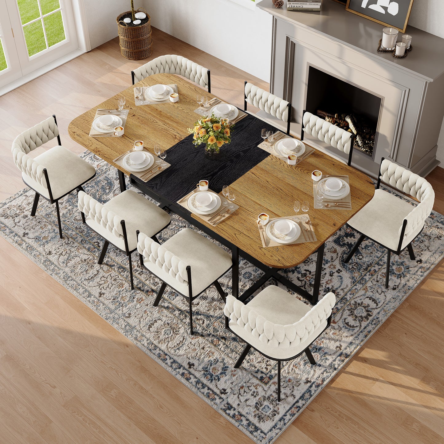 9-Piece Square Dining Table Set, Fixed Two-Tone Wood Grain & Black