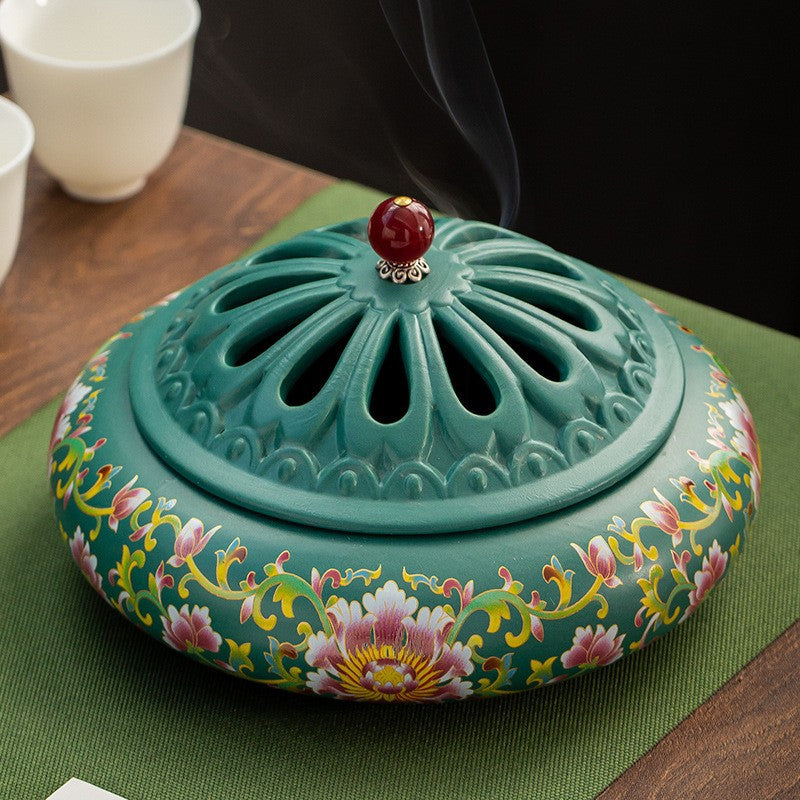 Ceramic Lotus Incense Burner with Iron Cover - Traditional Chinese Style Home Fragrance