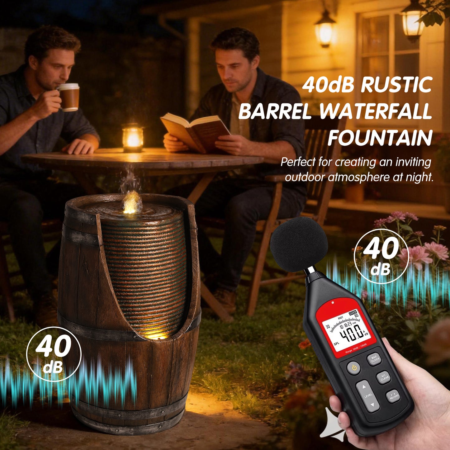 Outdoor Water Fountain with Lights Rustic Wood Look Resin Garden Decor for Patio Yard