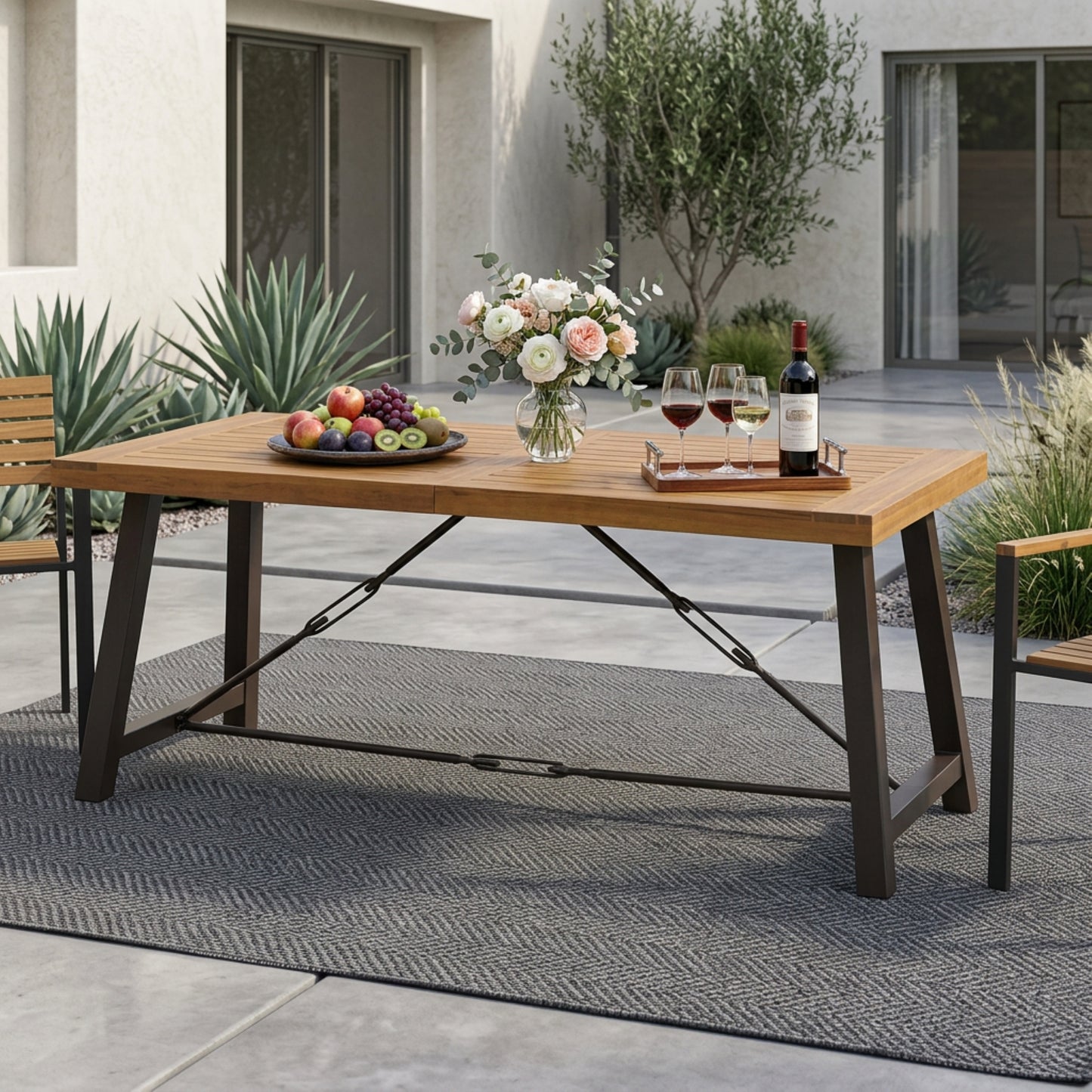 Outdoor Acacia Wood Dining Table with Metal Base - Teak