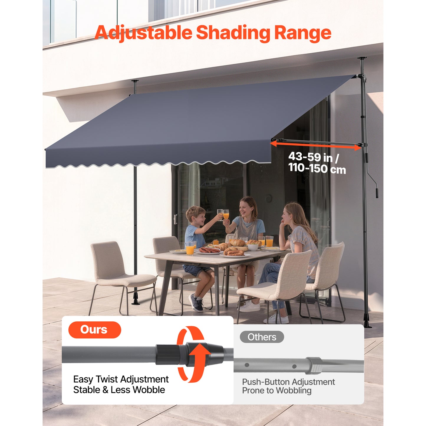 Manual Retractable Patio Awning Sunshade Shelter - 118 Inch Outdoor Canopy with Crank Handle, Adjustable for Garden & Balcony