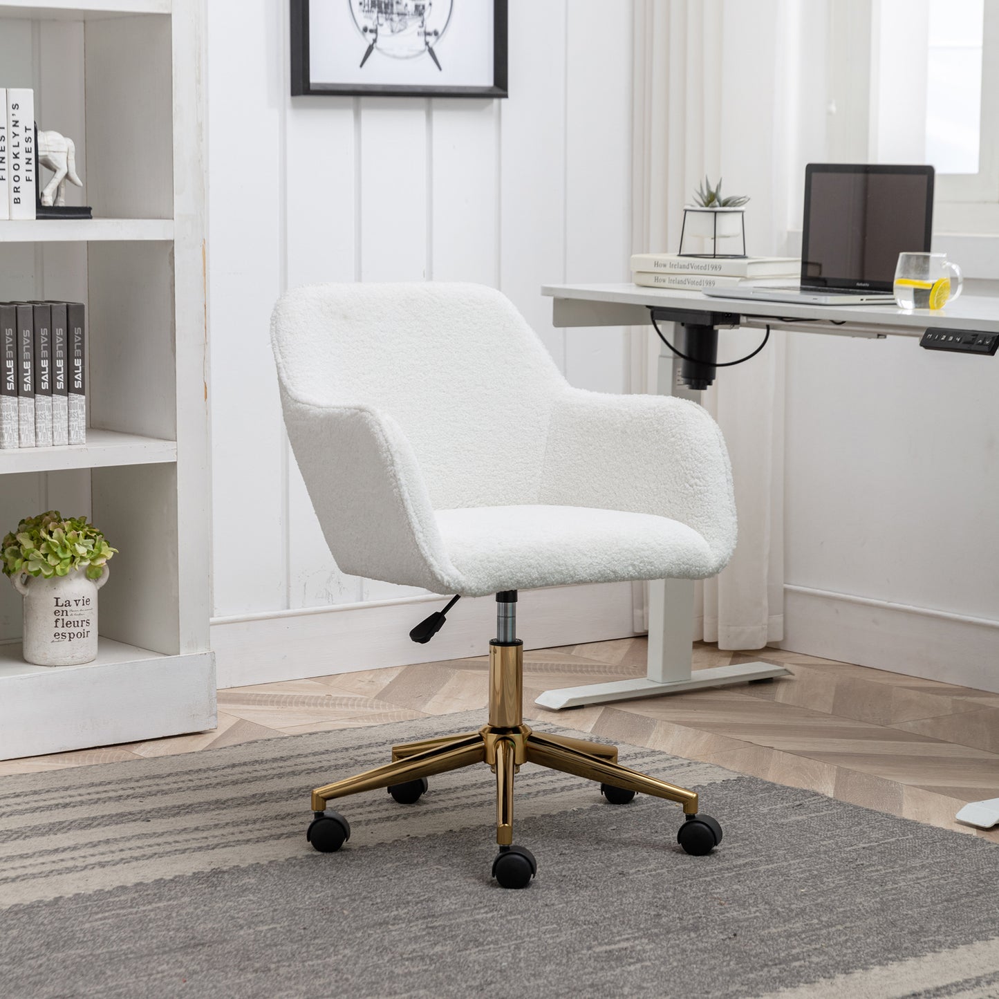 Adjustable Teddy Fabric Office Chair with Gold Metal Legs
