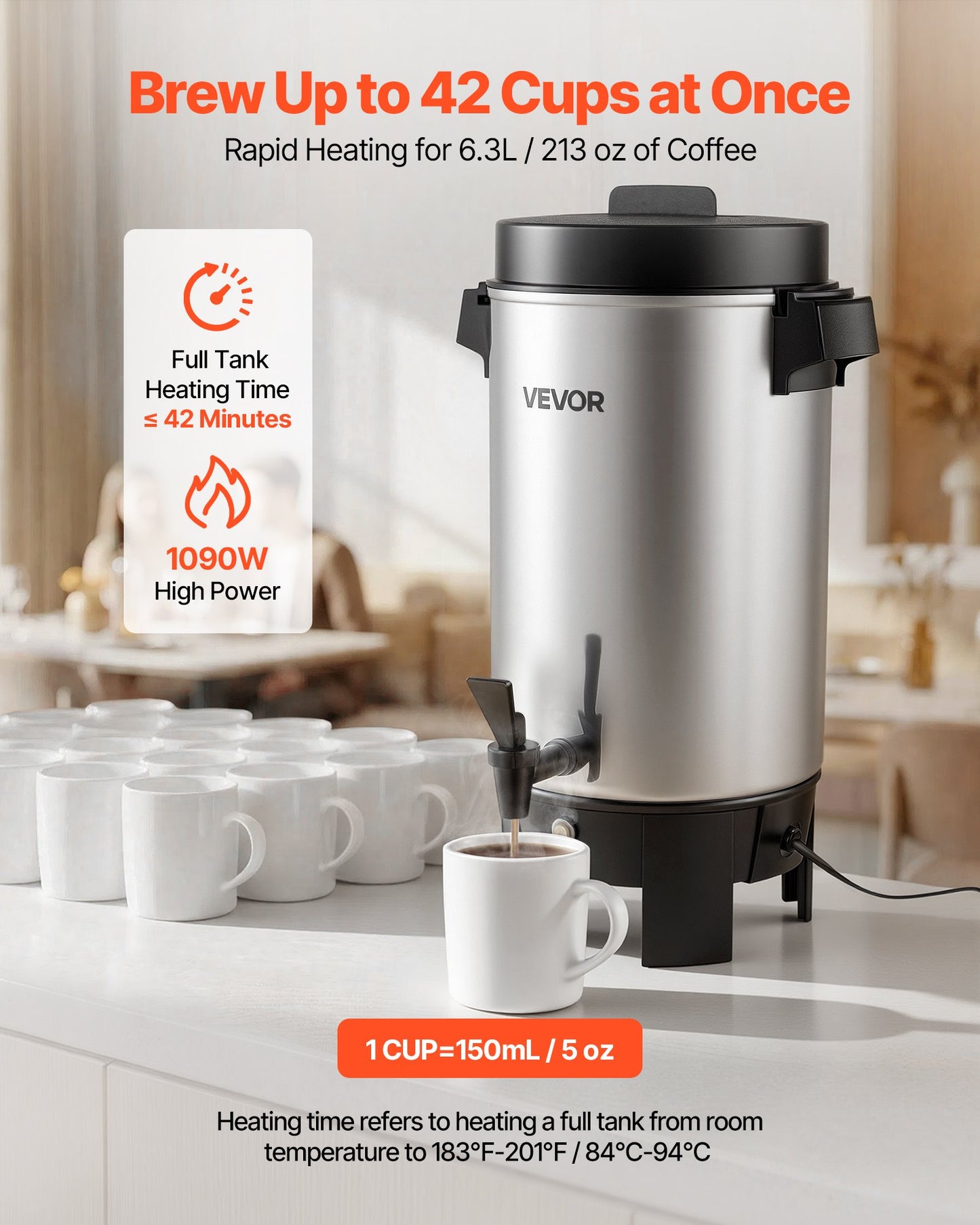40-Cup Commercial Coffee Urn with Dripless Faucet - 203oz Hot Beverage Dispenser