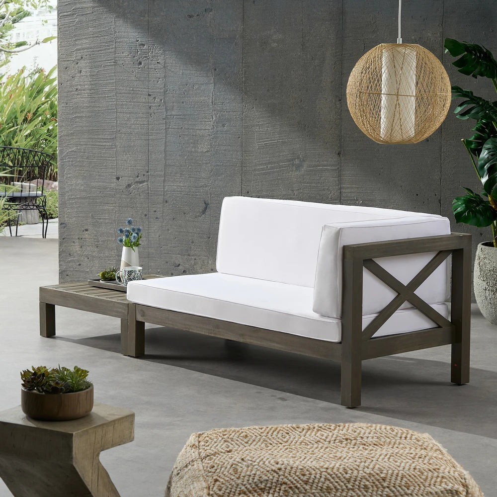 Acacia Wood Corner Bench with Coffee Table - White
