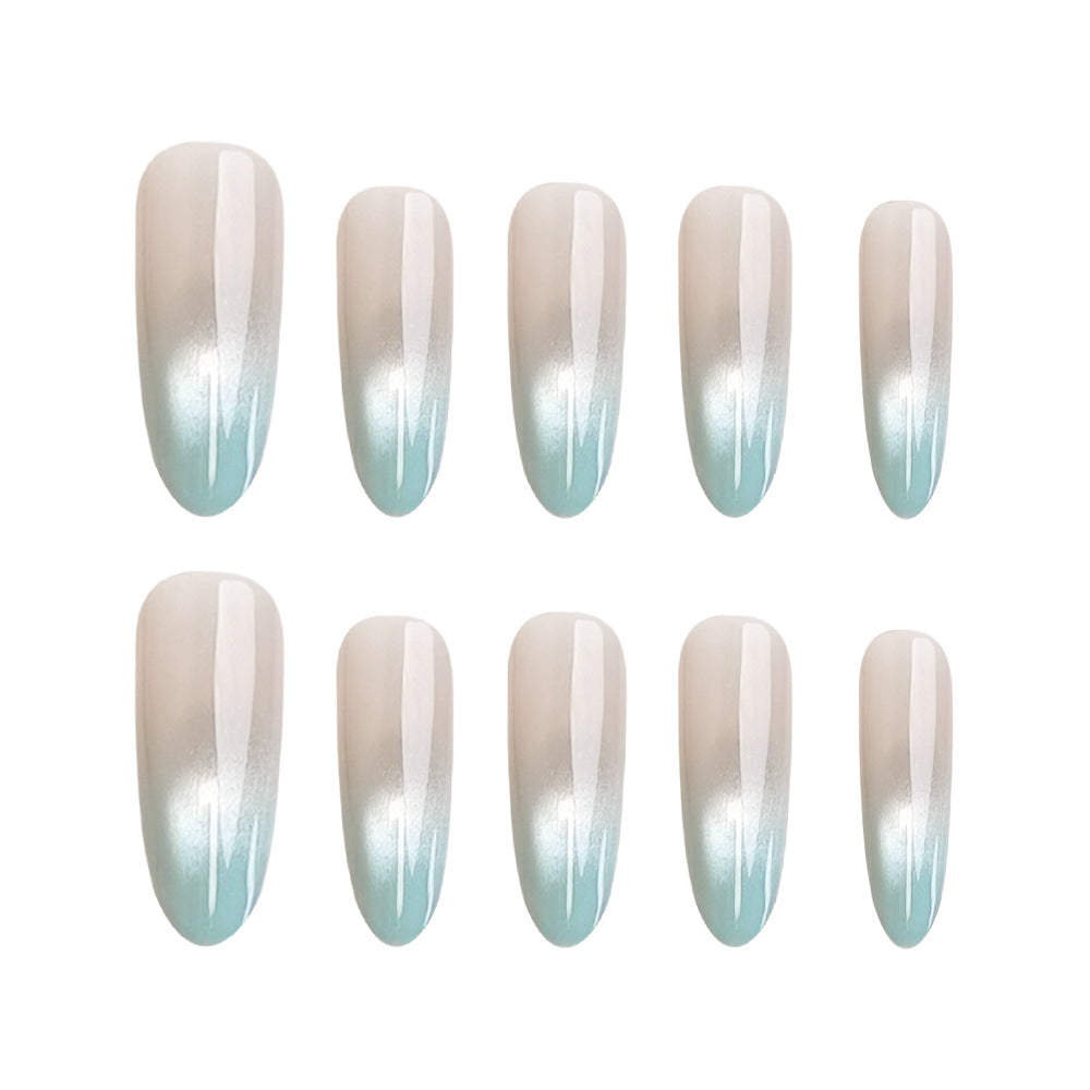 Long Oval Press-On Acrylic Nail Art Kit with Blue Gradient & Cat-Eye Effect - Includes Glue & Nail File