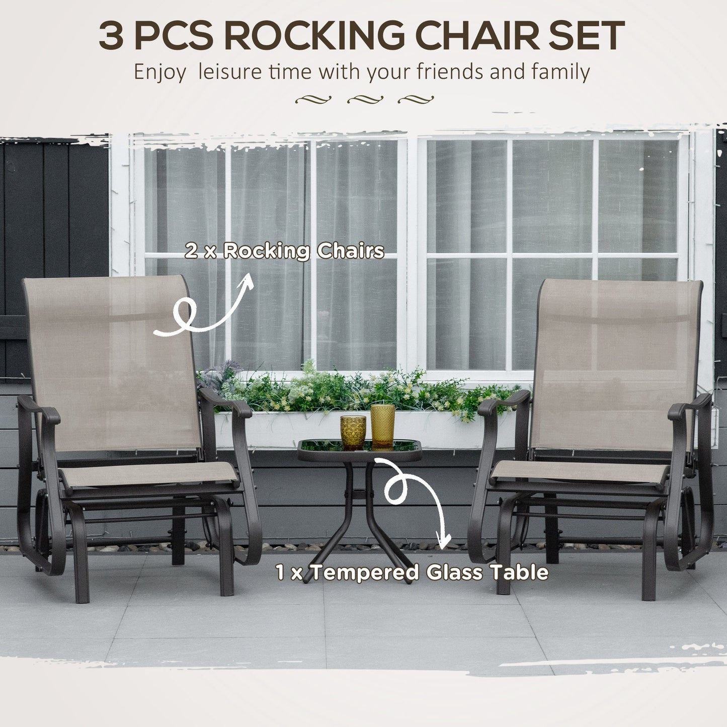 Outdoor Gliding Chairs Set with Table - Durable Gray Rocking Chairs