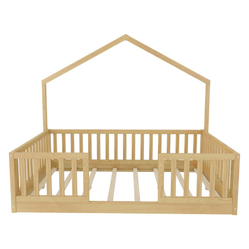 Full Montessori Floor Bed with High Rails & LED Light - Natural